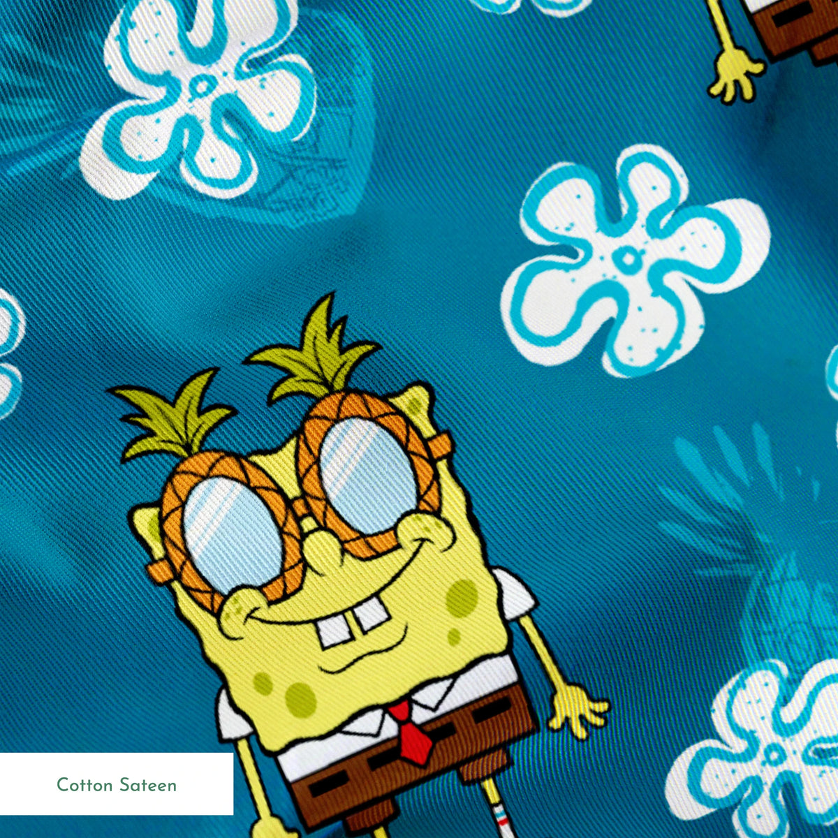 Yellow cartoon character with glasses on teal background with white flower pattern, repeating design springs sateen texture
