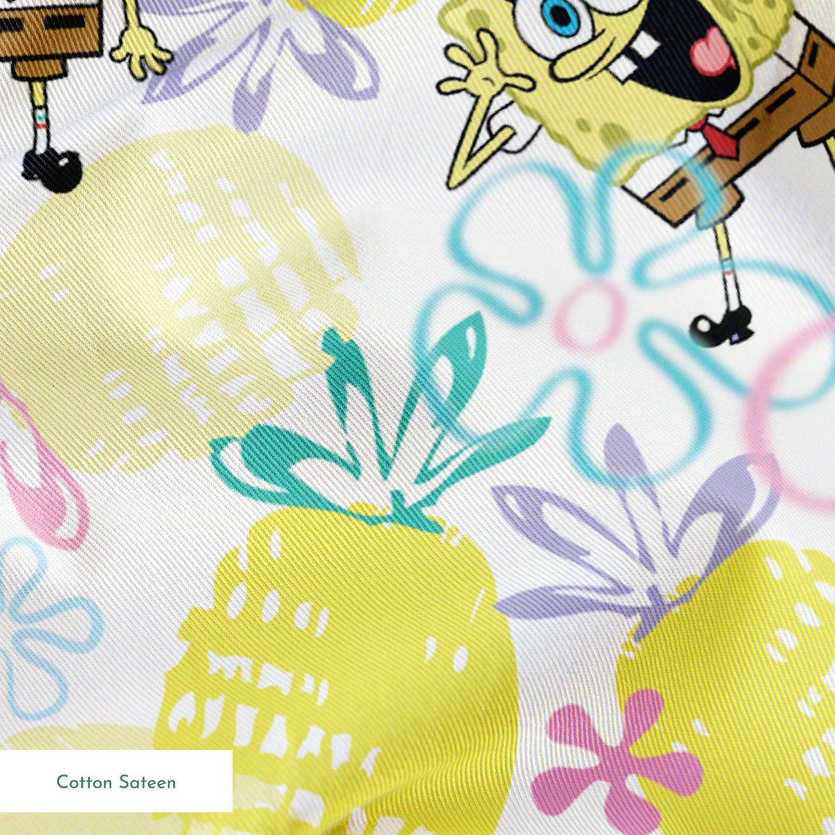 SpongeBob wearing pineapple glasses surrounded by yellow pineapples and pastel floral sketches on a white background in a playful Nickelodeon design. springs sateen texture