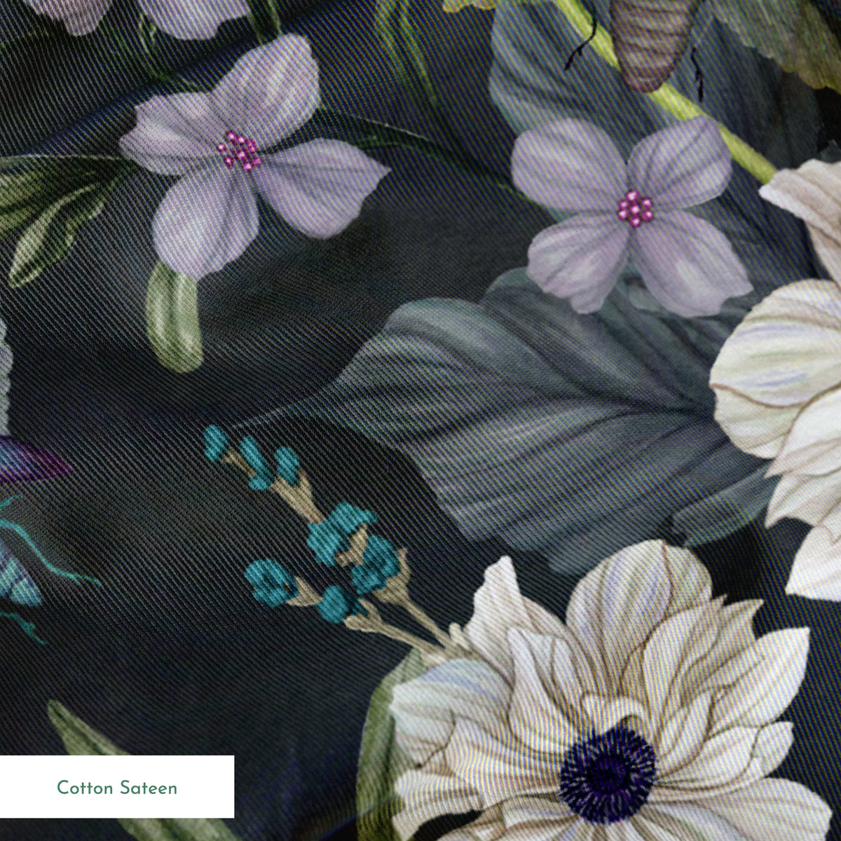 Ivory flowers with purple centers, beetles, and greenery illustrated on a dark charcoal background in a floral pattern by Nicole Tamarin. springs sateen texture