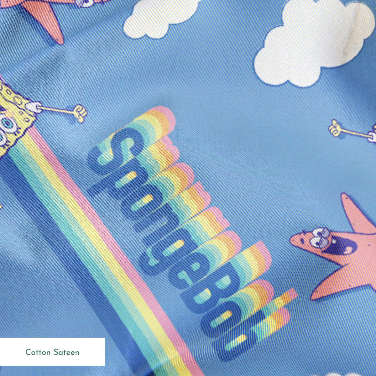 SpongeBob pattern with cartoon characters, buses, rainbows and clouds on light blue background springs sateen texture