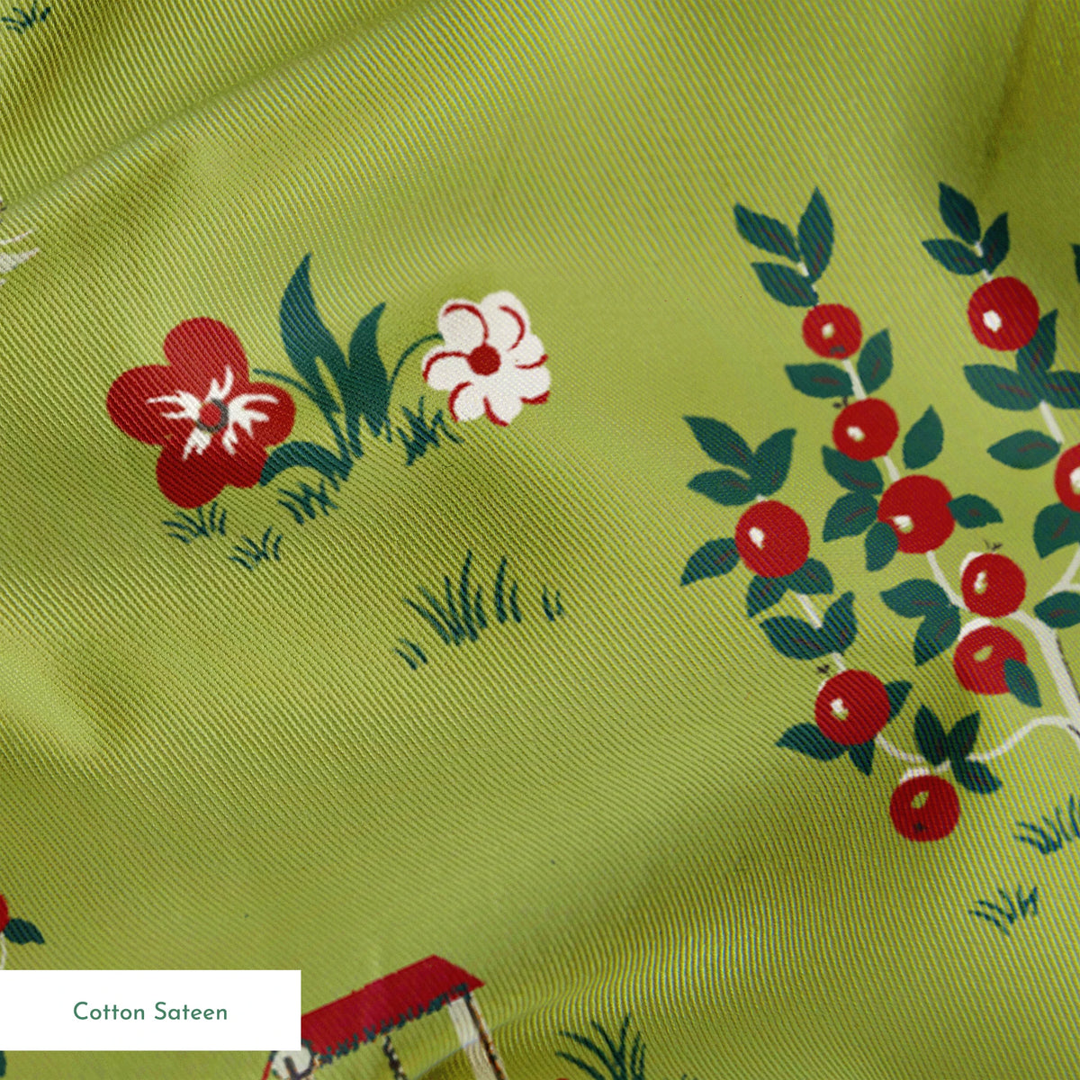 Scenic cottage garden design with vintage houses, flowers, and animals on olive green springs sateen texture