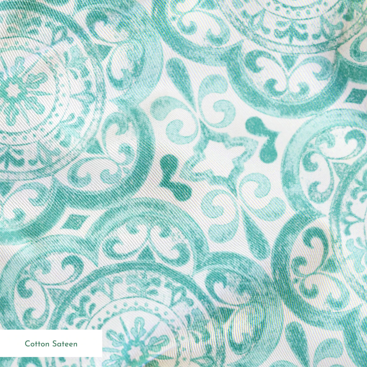 Teal medallion tile-inspired design with intricate floral and scroll details by Nicole Tamarin, from the Squeeze the Day collection. springs sateen texture