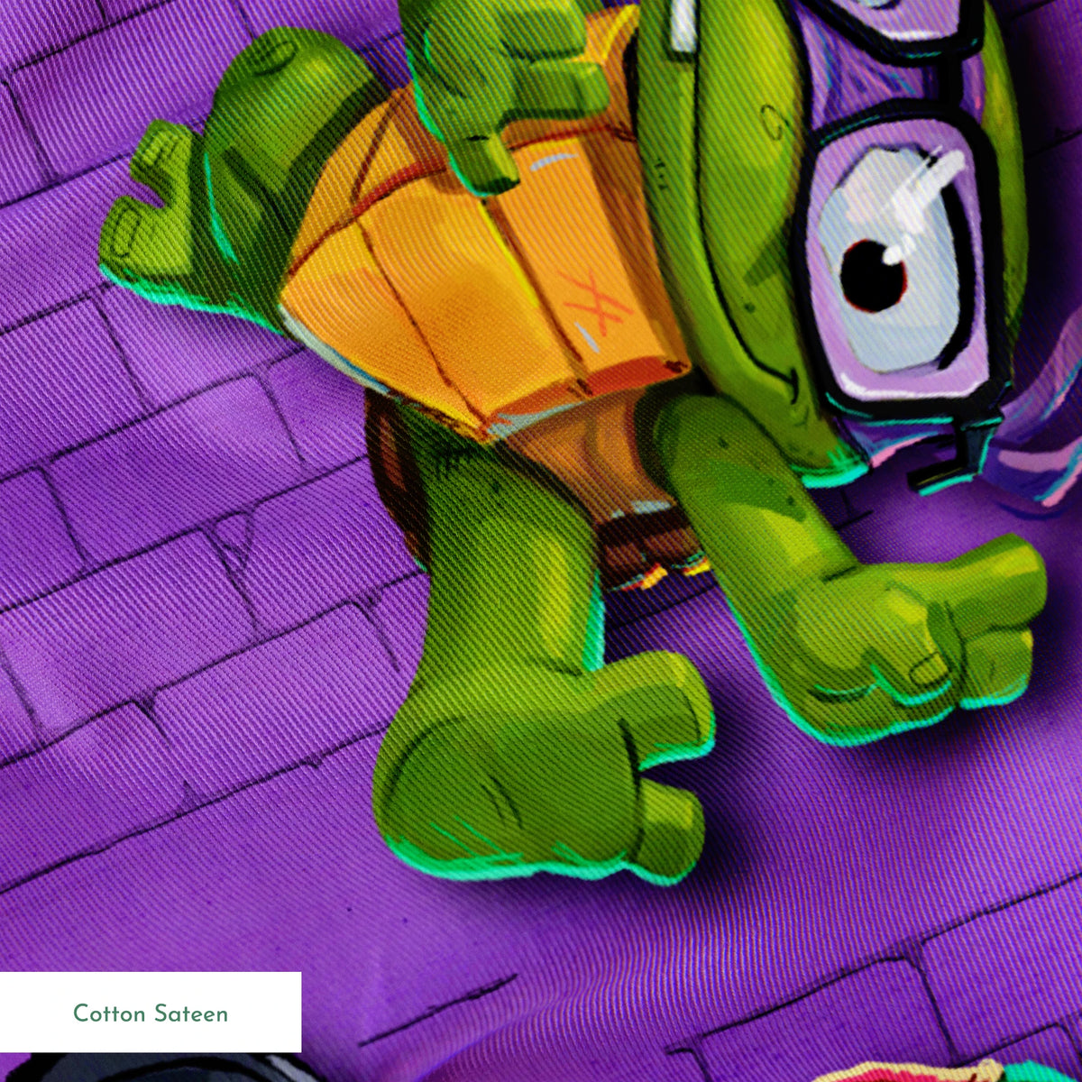 Teenage Mutant Ninja Turtles characters on a purple brick background with lettered manhole covers. springs sateen texture