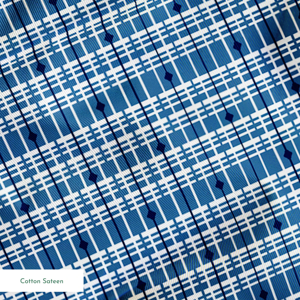Blue and white plaid pattern with thin grid lines in various shades of blue on light background springs sateen texture