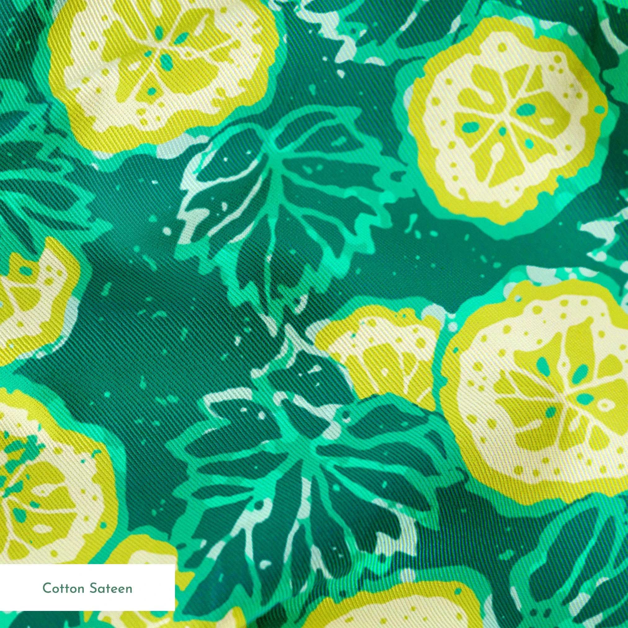 Vibrant green background with yellow cucumber slices and light green leafy patterns springs sateen texture