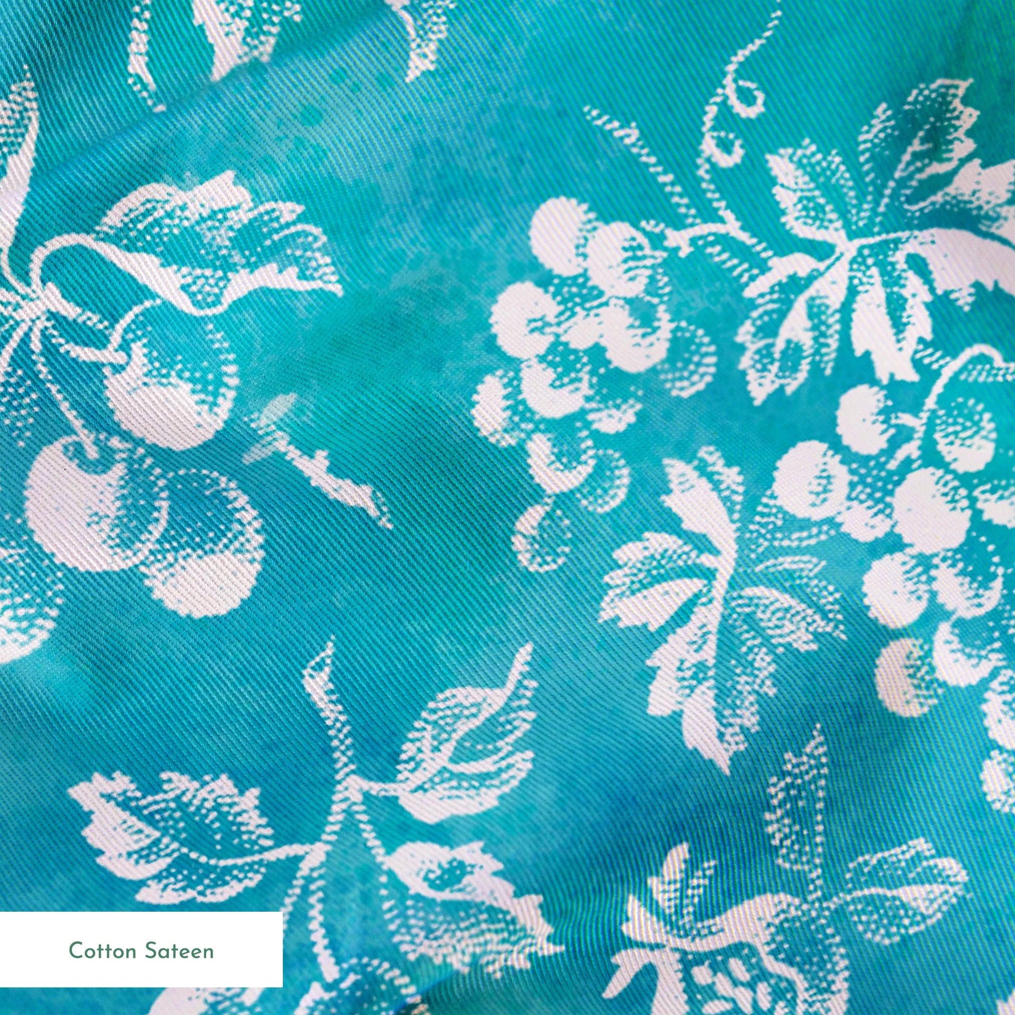 Teal background with white vintage fruit pattern featuring cherries, grapes, and pears springs sateen texture