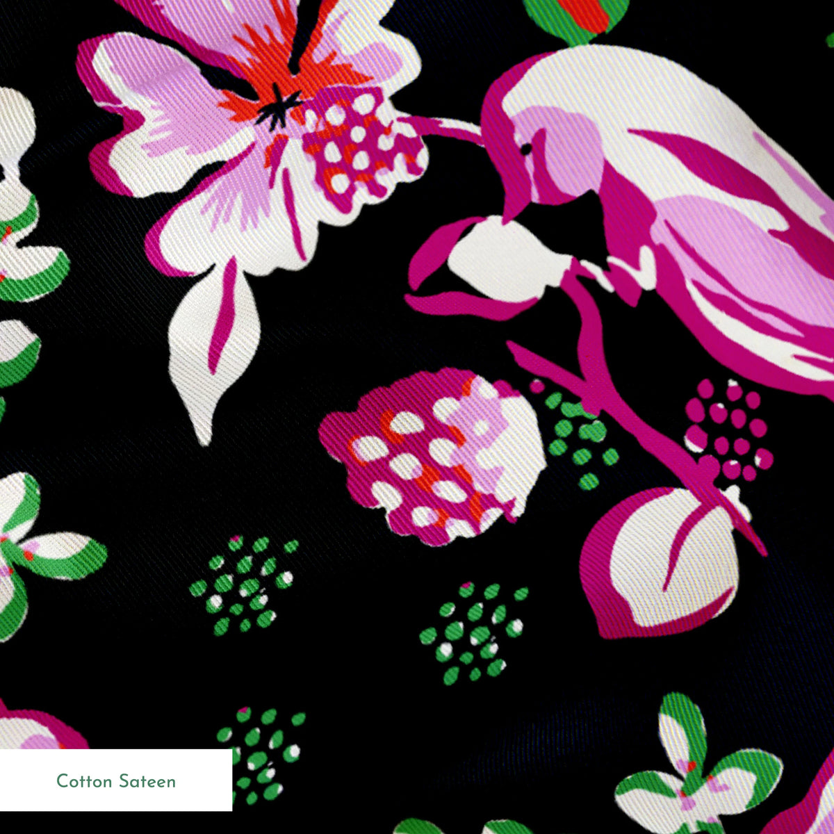 Vibrant pink birds and flowers pattern on black background with strawberry accents springs sateen texture