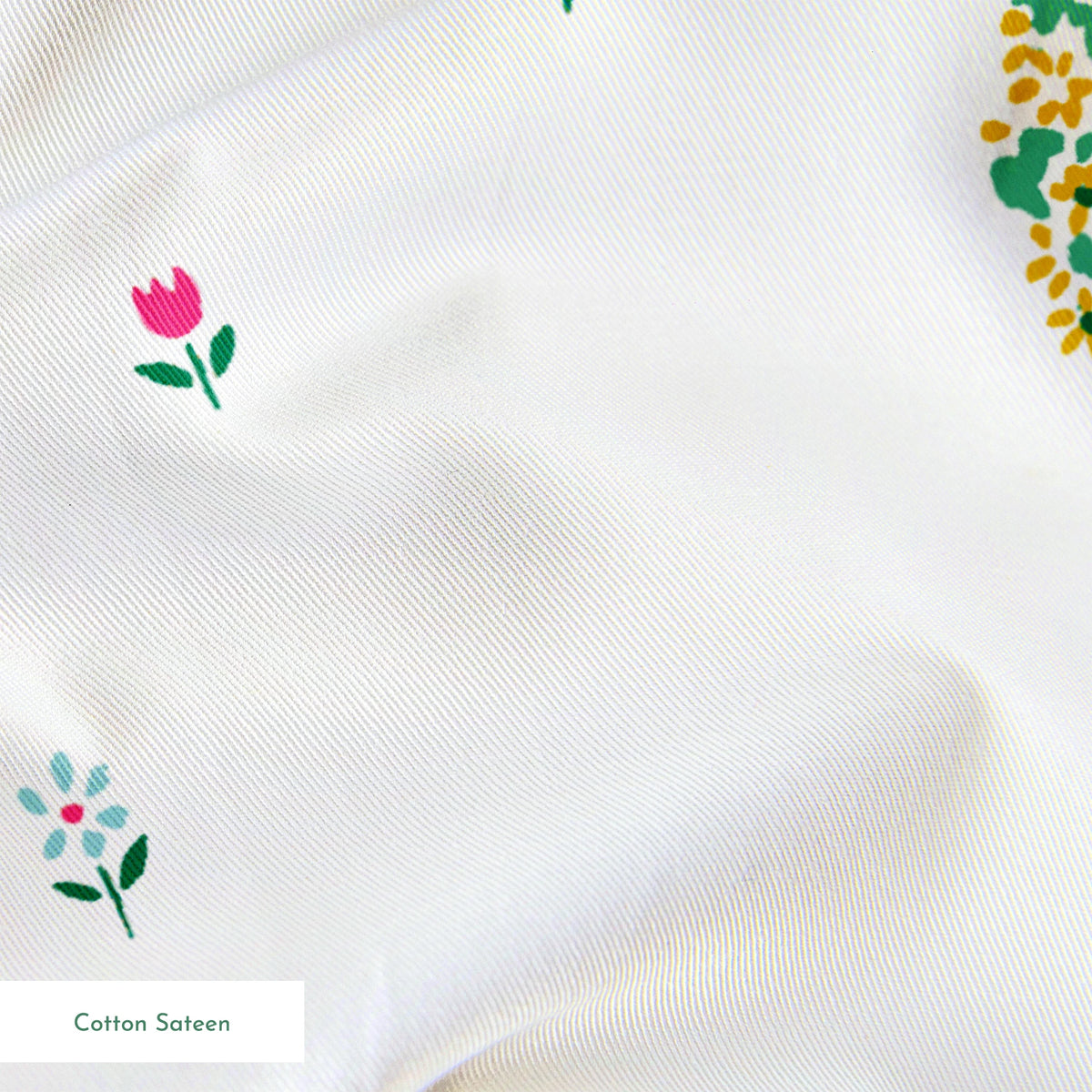 Whimsical pattern of colorful trees on small hills with scattered tiny flowers on a white background springs sateen texture