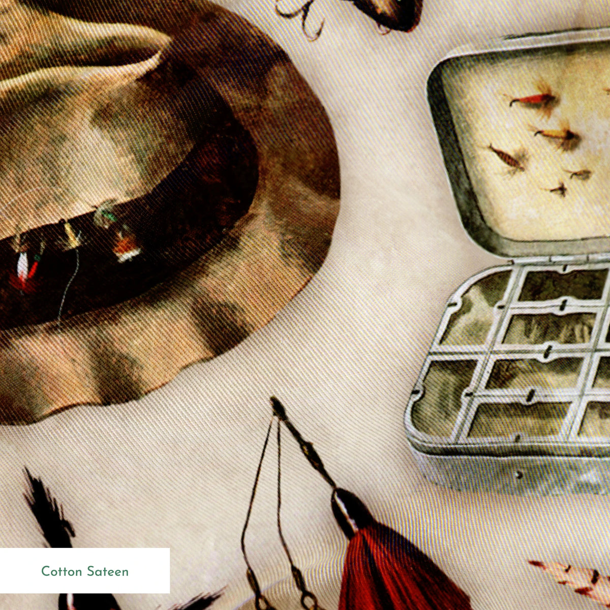 Vintage fishing gear illustration with tackle box, hat, lures, reels, and canvas bag on beige background springs sateen texture