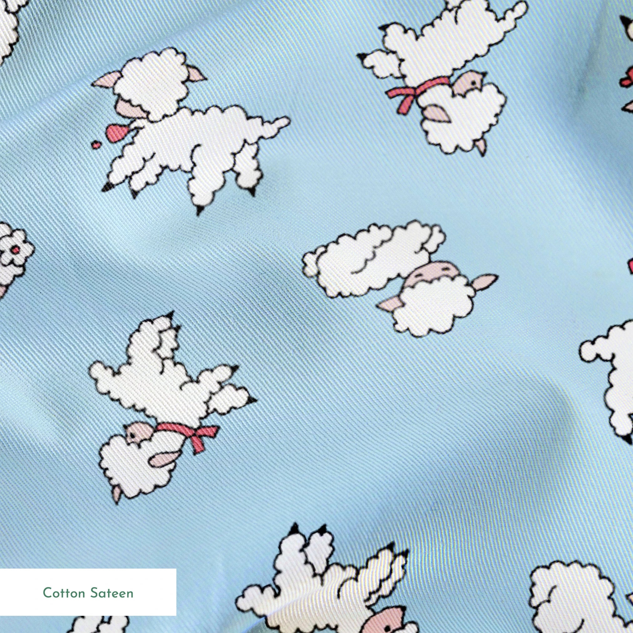 Playful white lambs pattern on light blue background with simple cartoon style illustration springs sateen texture