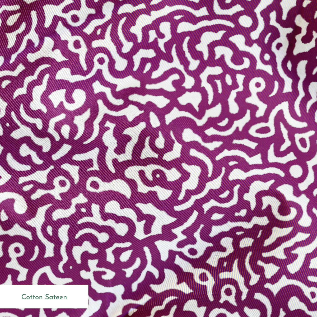 Purple squiggly maze-like pattern on white background with organic swirling lines springs sateen texture