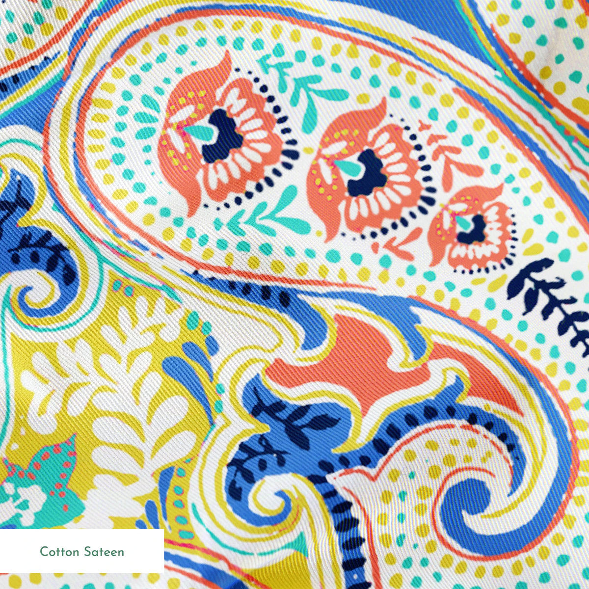 Vibrant blue, yellow and red paisley pattern with swirling decorative motifs and curved shapes springs sateen texture