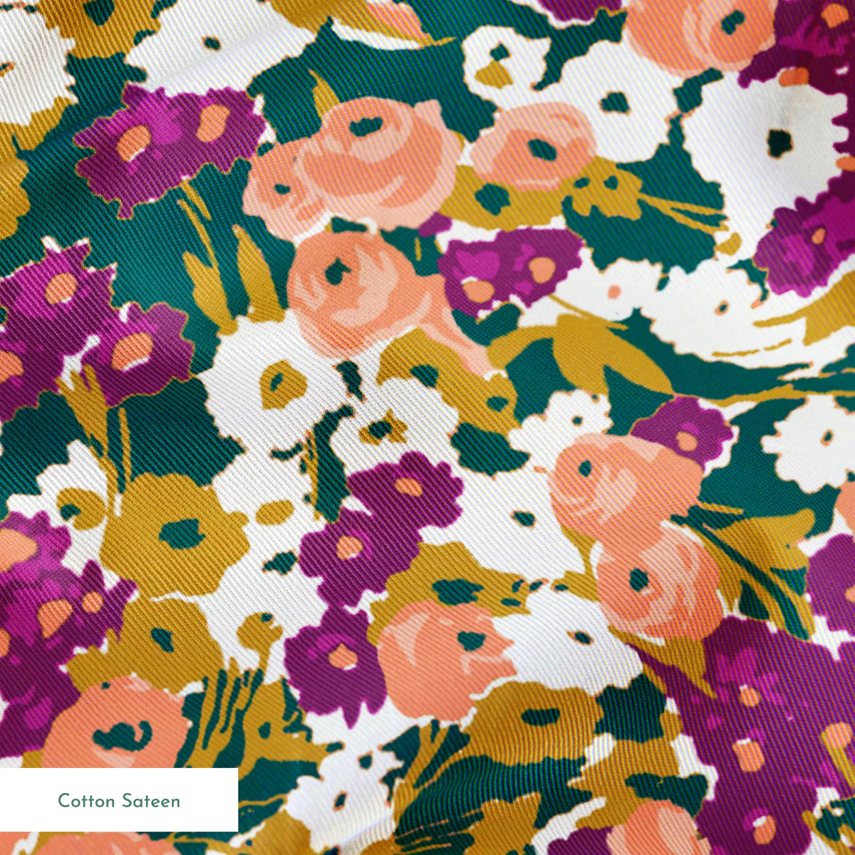 Vibrant floral pattern with peach, purple, white, and gold blooms against dark green foliage springs sateen texture