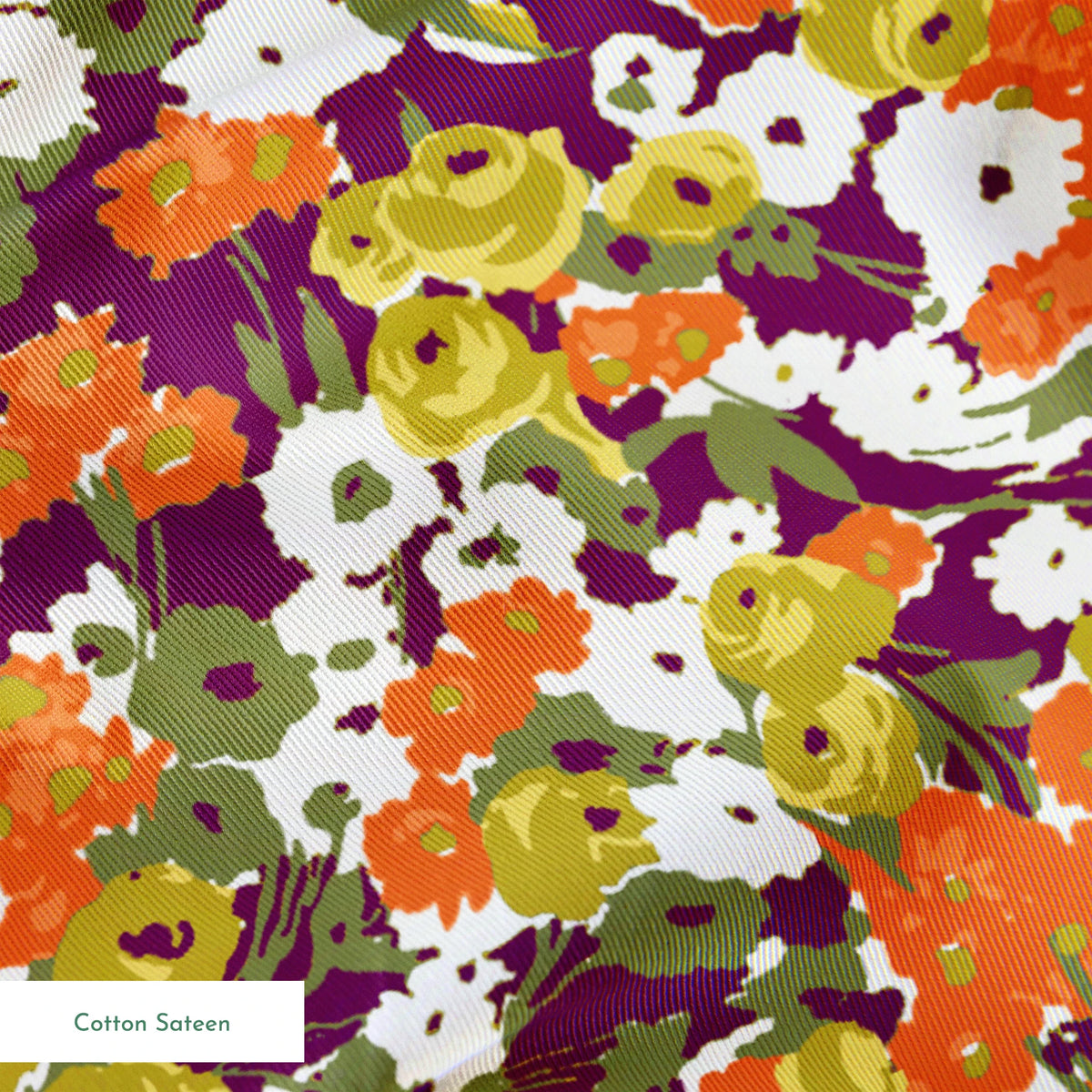 Vibrant floral pattern with white, orange, yellow, green, and purple abstract blooms springs sateen texture