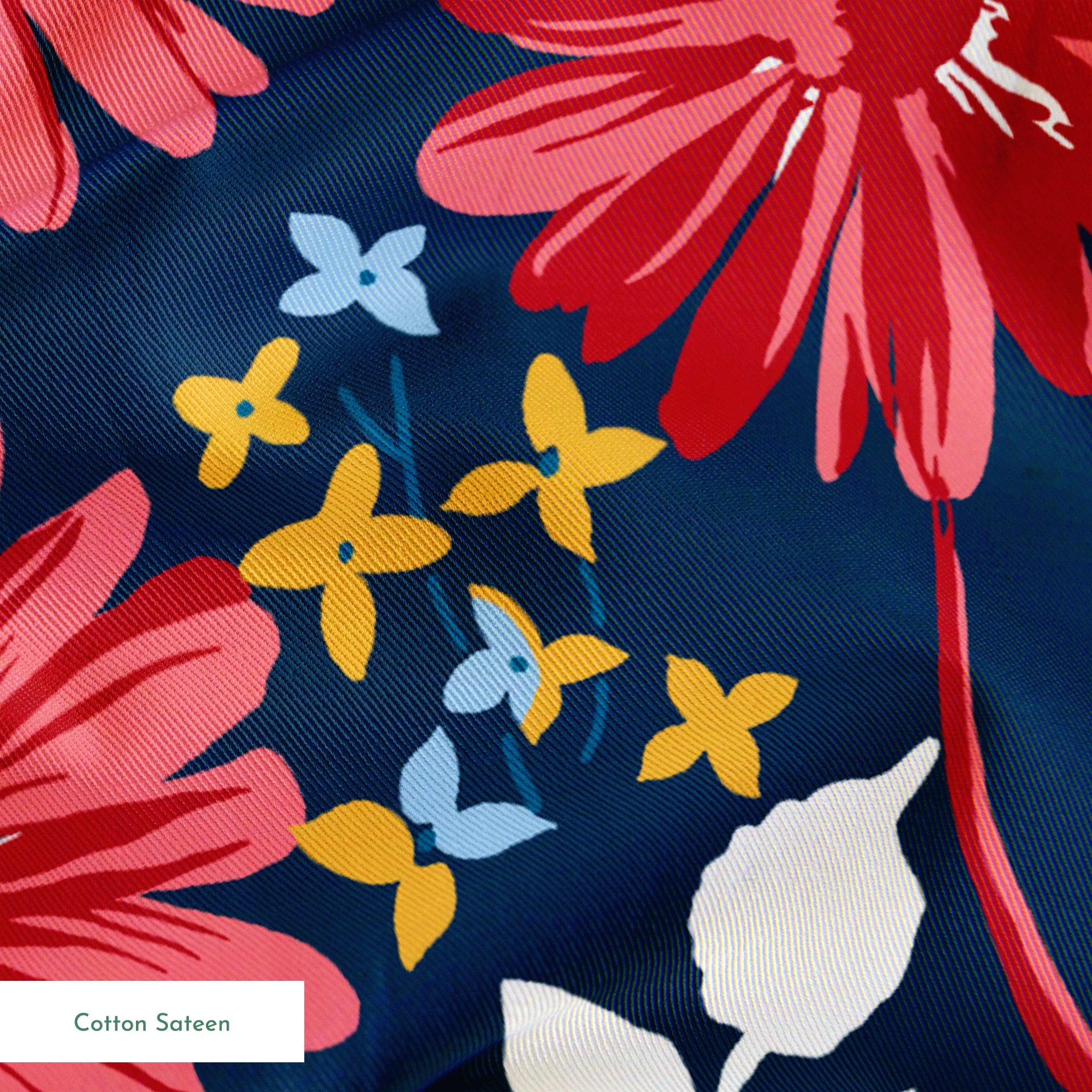 Vibrant floral pattern with red daisies and white flowers on navy background with small gold stars springs sateen texture