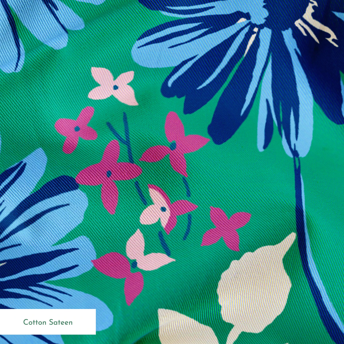Vibrant floral pattern with blue spiky flowers and white blooms on a green background springs sateen texture