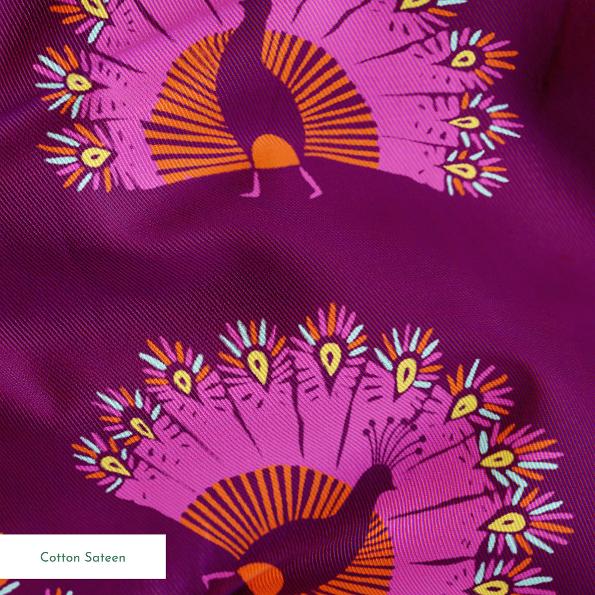Decorative pattern with peacocks arranged in circular formations against a deep purple background springs sateen texture