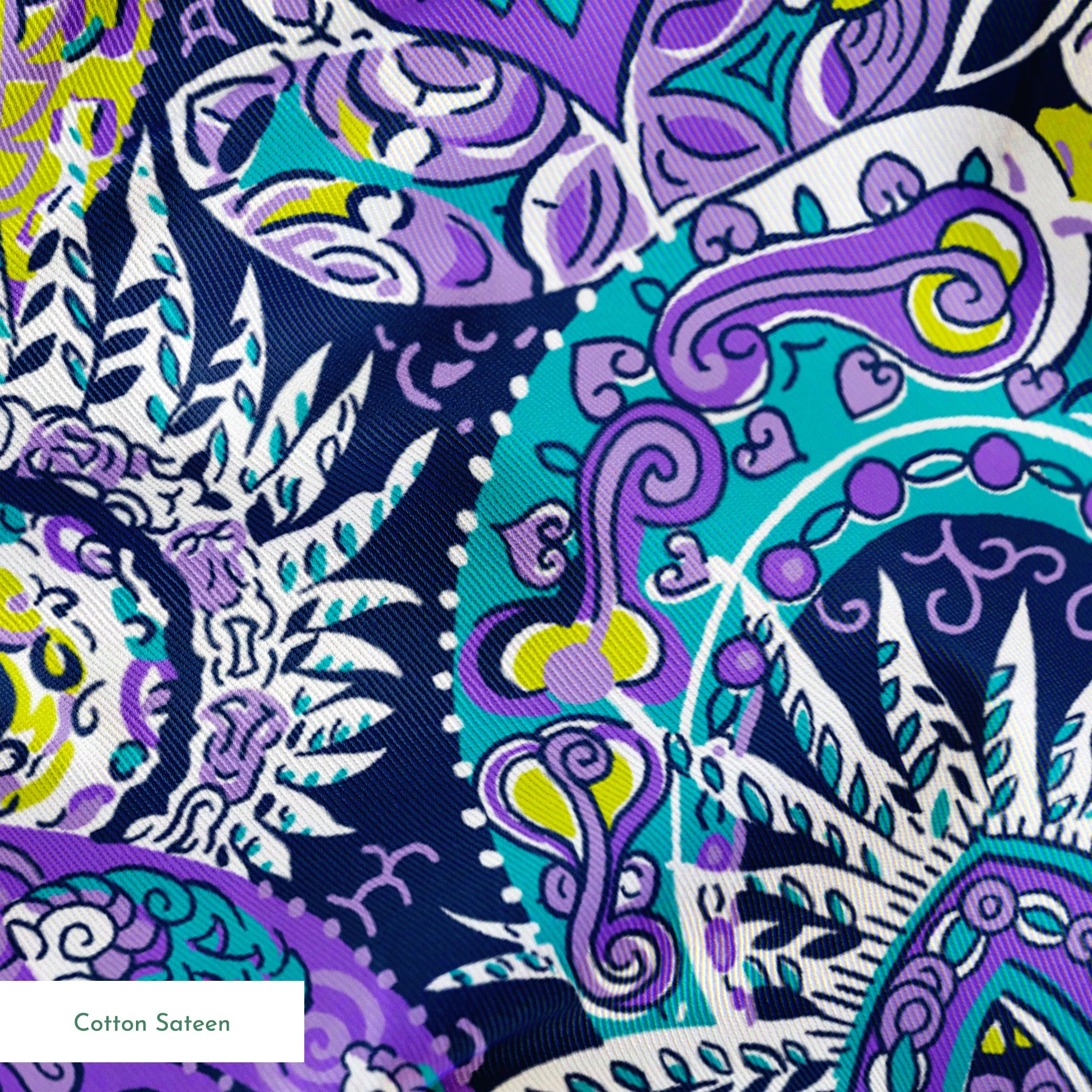 Vibrant paisley pattern with swirling designs in purple, blue, yellow, and white springs sateen texture