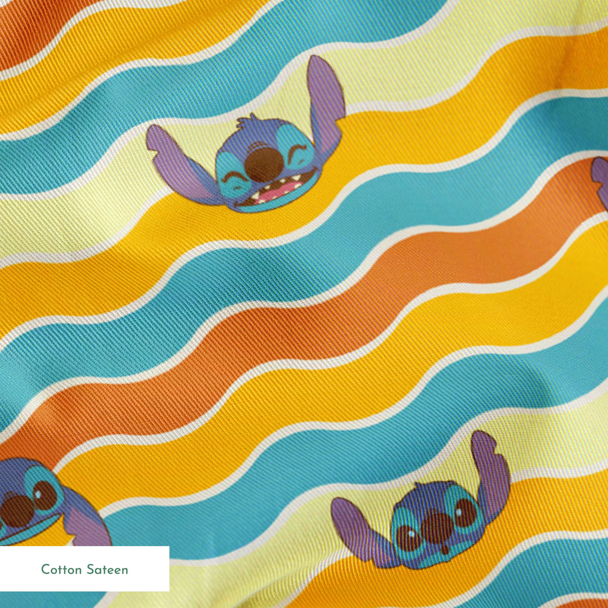 Colorful wavy striped pattern with Stitch peeking between orange, yellow, and teal waves springs sateen texture