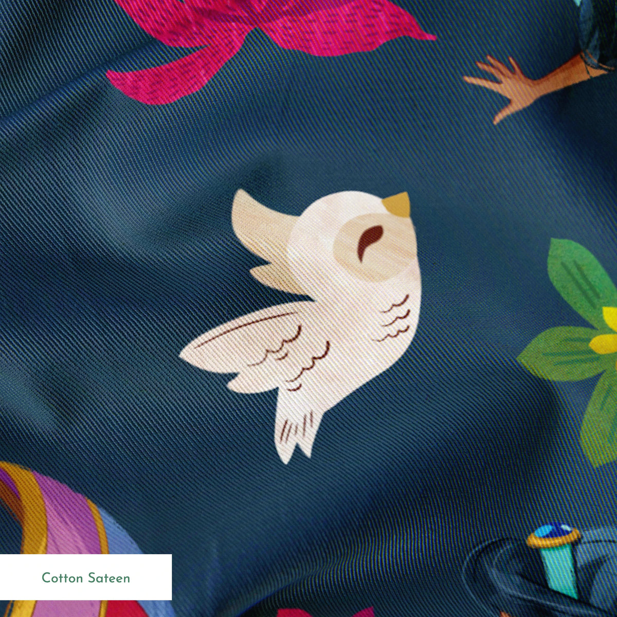 Animated characters in turquoise outfits flying on magic carpets with white doves, lotus flowers, and a golden lamp against dark background. springs sateen texture