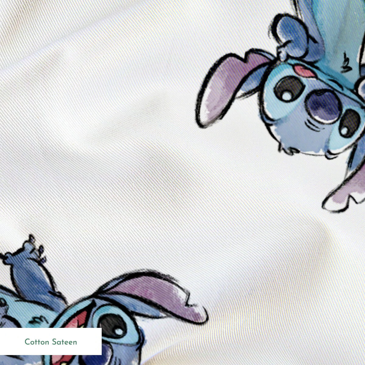 Blue cartoon Stitch characters from Disney's Lilo & Stitch in various playful poses on white background springs sateen texture