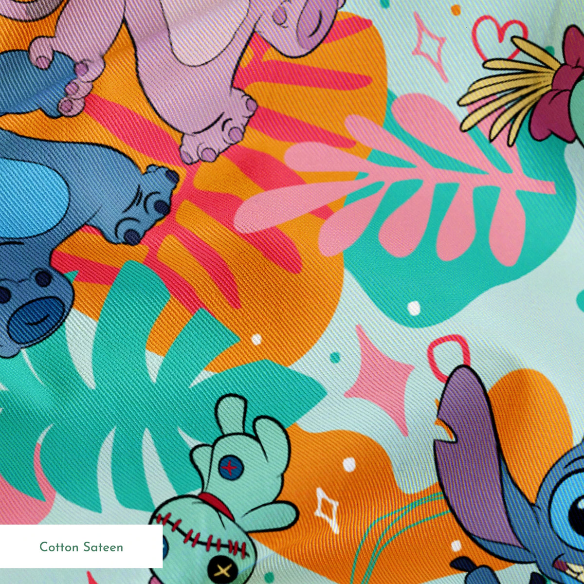 Colorful Stitch pattern with characters from Lilo & Stitch amid tropical leaves on turquoise background springs sateen texture
