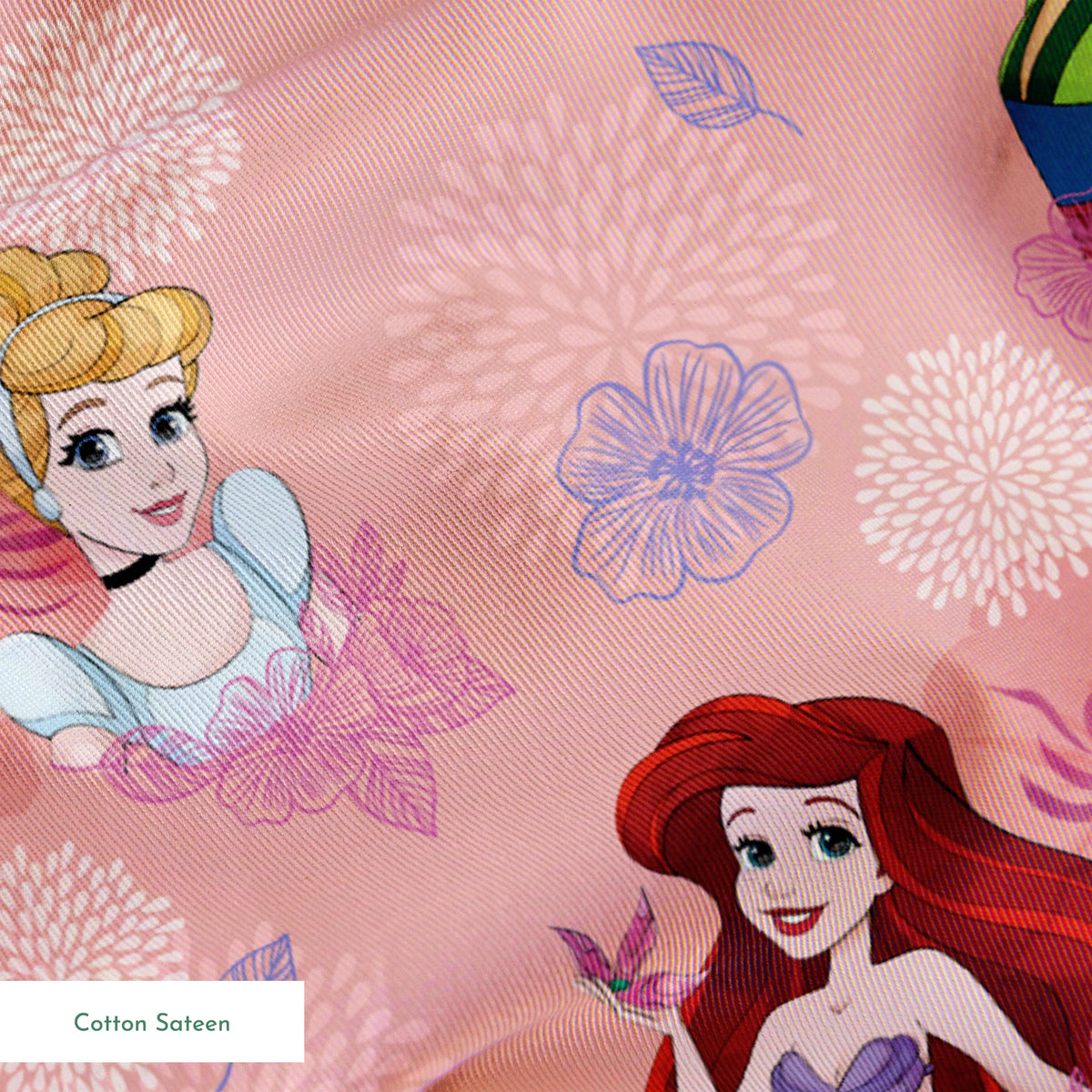 Disney princess characters on pink floral background with delicate flower patterns springs sateen texture