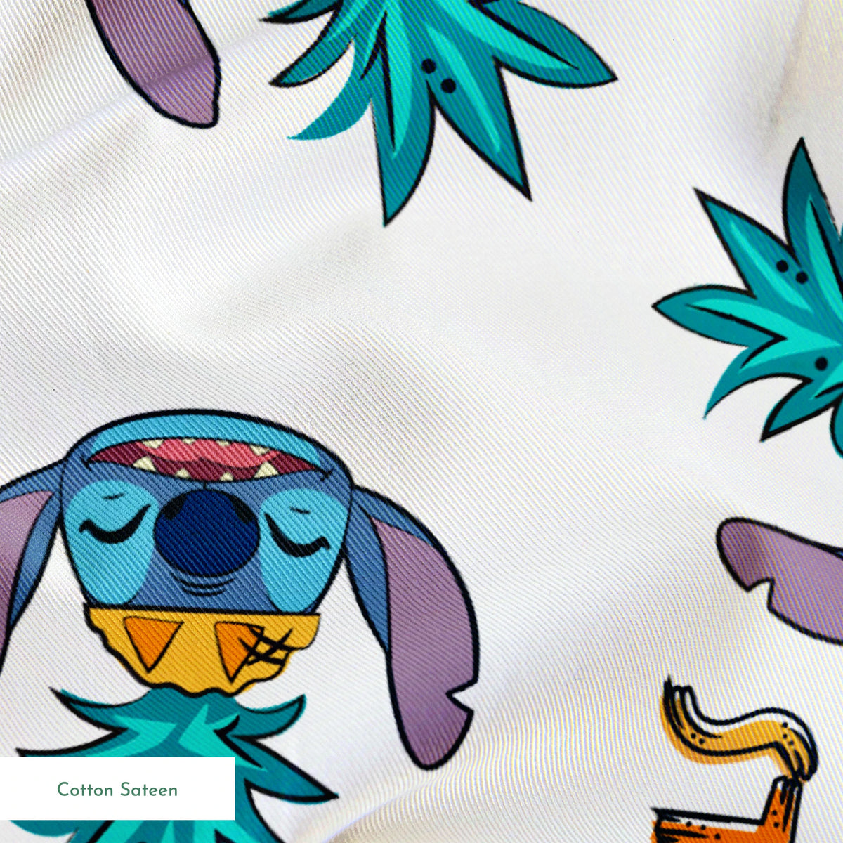 Colorful pattern of cartoon blue creatures with long ears inside pineapples, with "Stitch" text springs sateen texture
