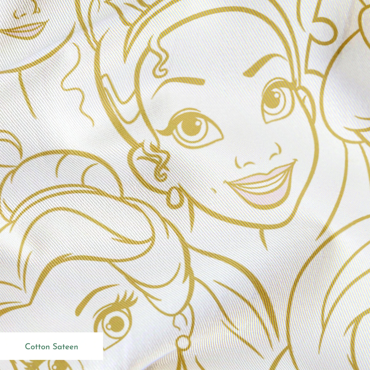 Golden line art of Disney princesses in an overlapping collage pattern with expressive facial features. springs sateen texture
