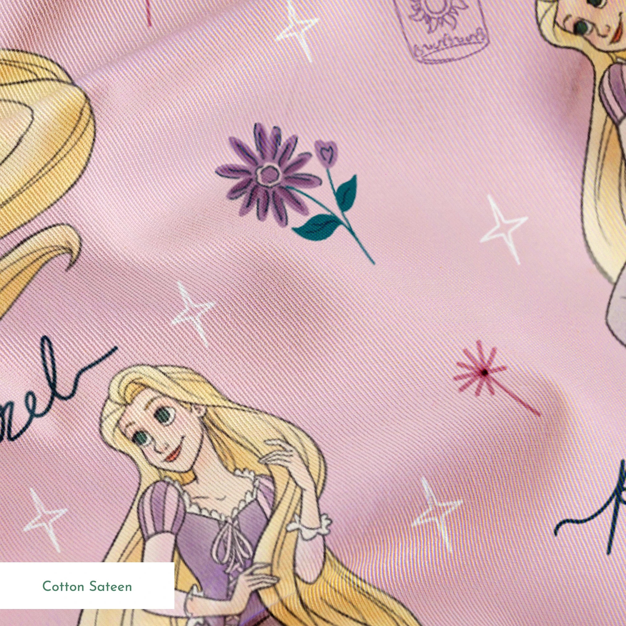 Repeating pattern of blonde character in purple dress with long flowing hair, flowers, and "Rapunzel" text on pink background springs sateen texture