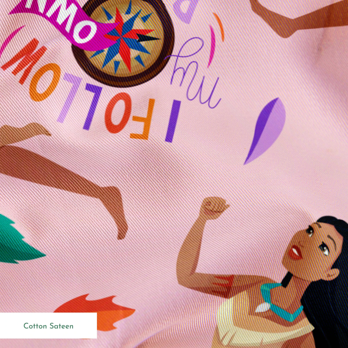 Colorful pattern with figures in relaxed poses, sunflowers, and text "Hi I Follow My Own Path" on pink background springs sateen texture