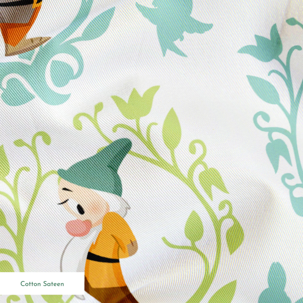 Cartoon pattern of Snow White's seven dwarfs in decorative floral frames on light background springs sateen texture