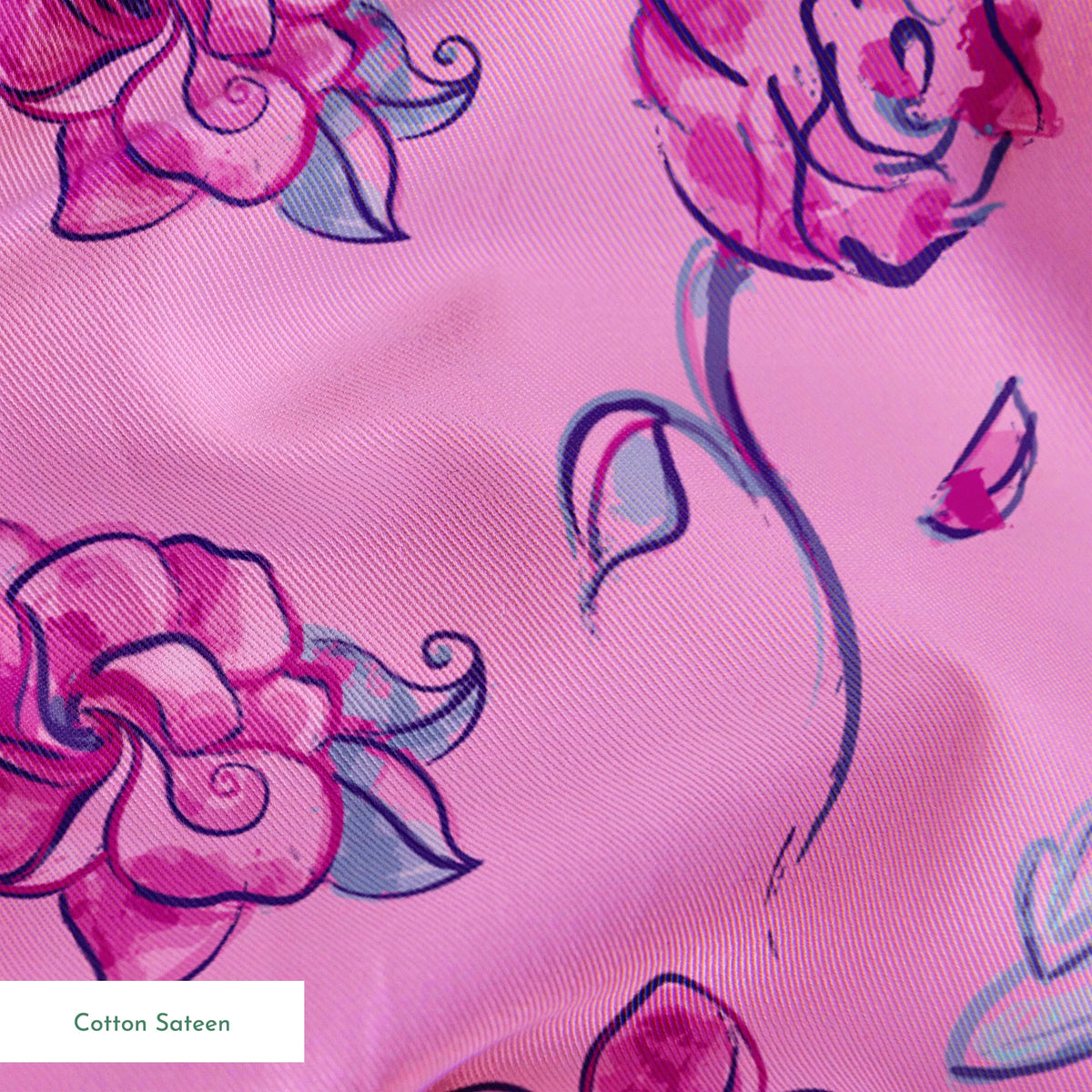 Whimsical Cinderella pattern of purple flowers, roses, and glass slipper outlines on pink background springs sateen texture