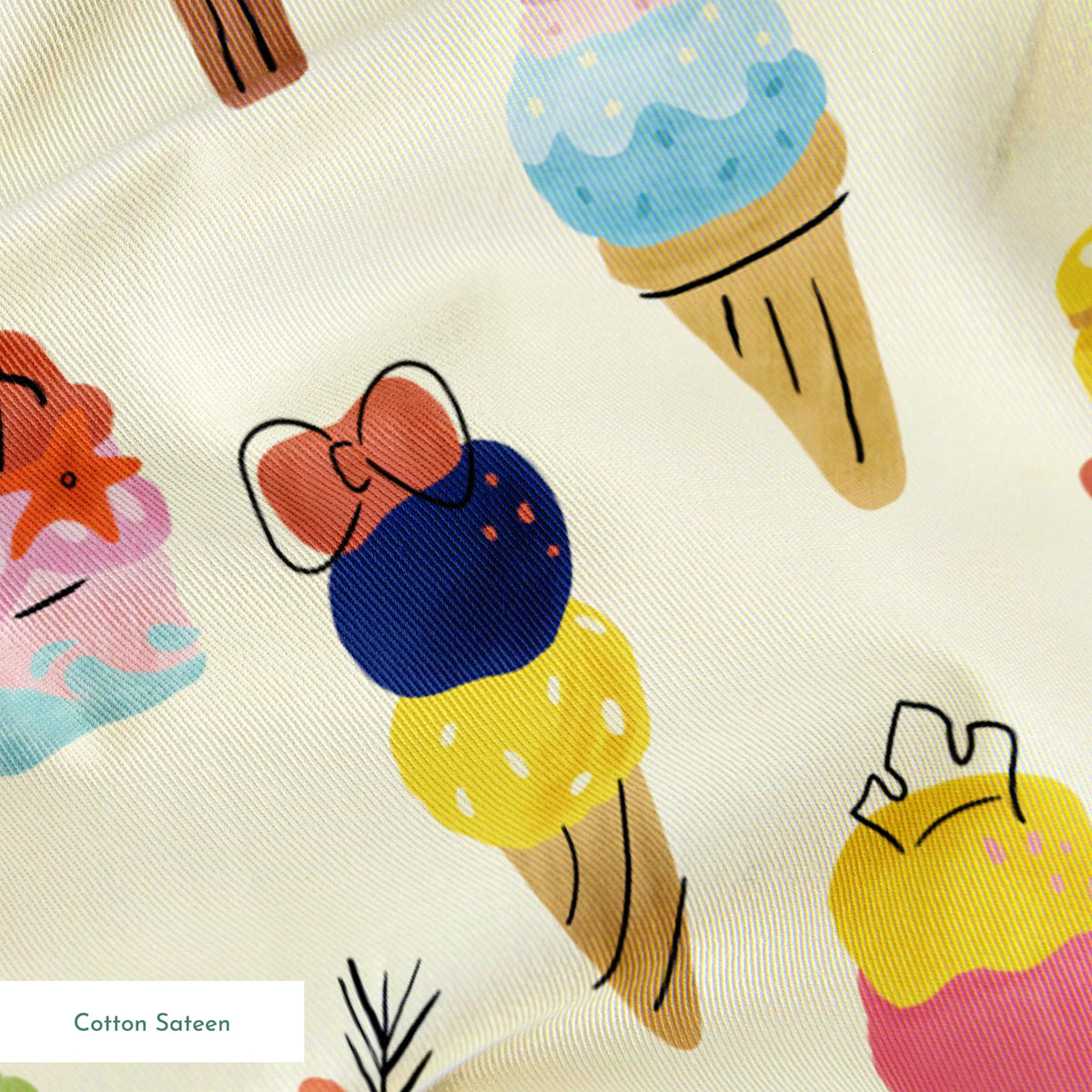 Colorful illustration of Disney Princess-inspired ice cream desserts including cones, popsicles, and sundaes with decorative toppings springs sateen texture