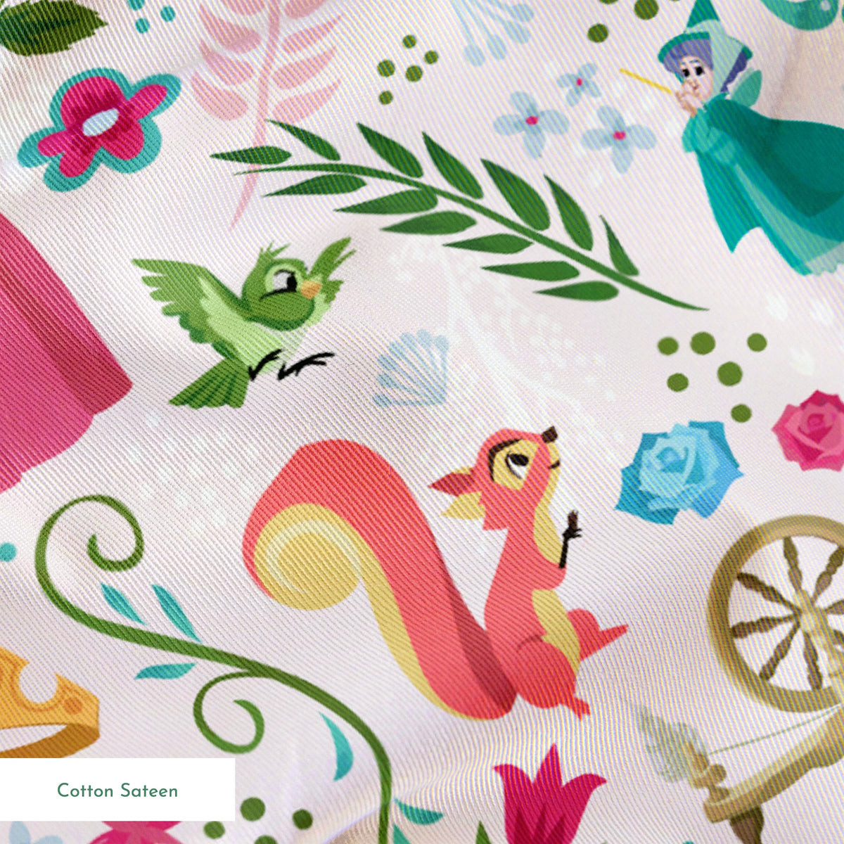 Colorful Sleeping Beauty pattern with Aurora, animals, flowers, spinning wheel, and cake on light background springs sateen texture