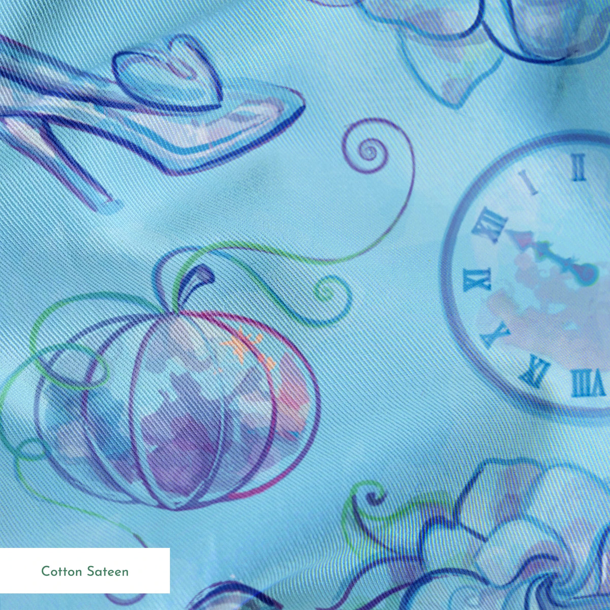 Whimsical Cinderella-themed pattern with glass slippers, pumpkins, clocks, and ribbons in soft blue and purple tones springs sateen texture