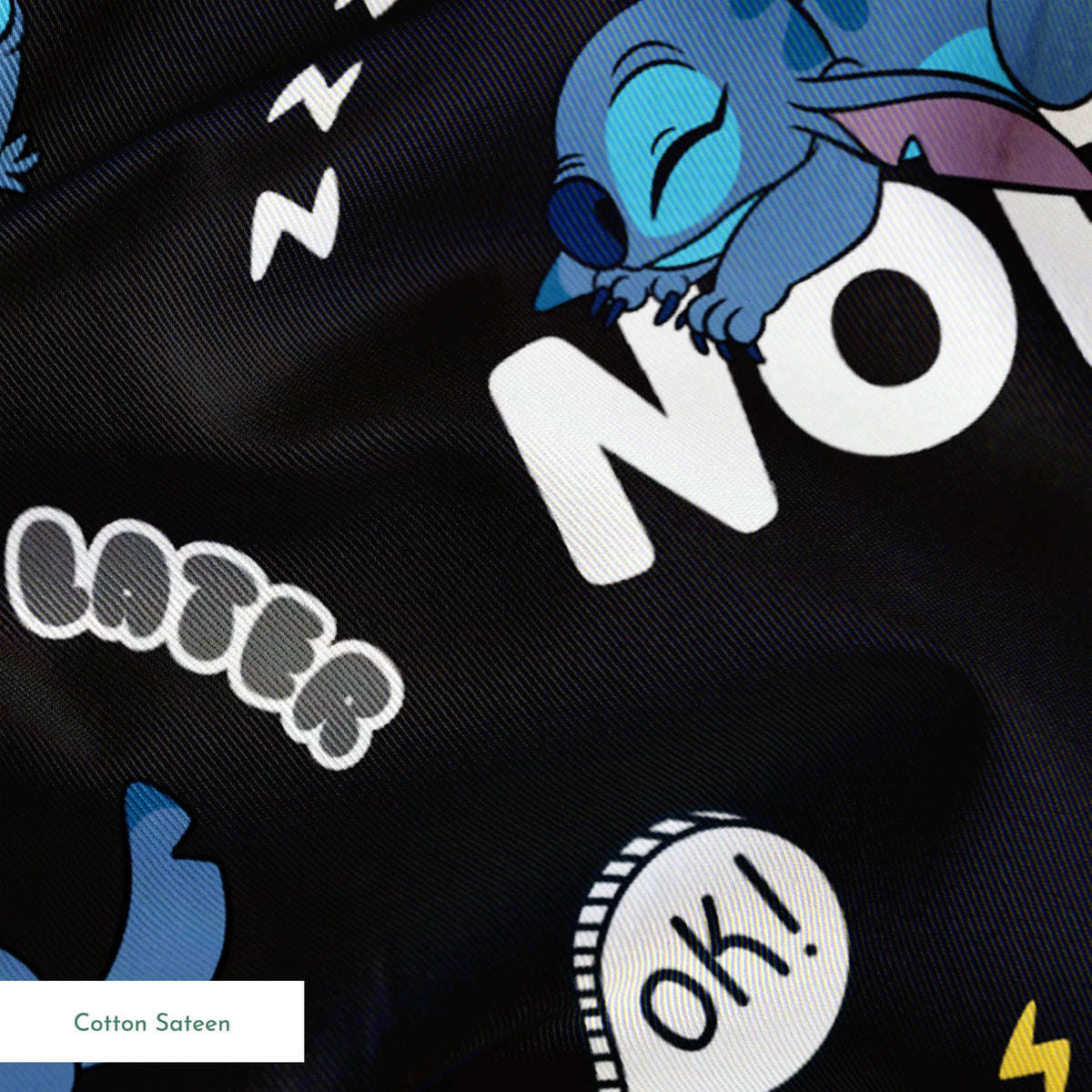 Disney Stitch pattern on black background with text "NOPE," "CHILL," "OK!" and sleep symbols springs sateen texture
