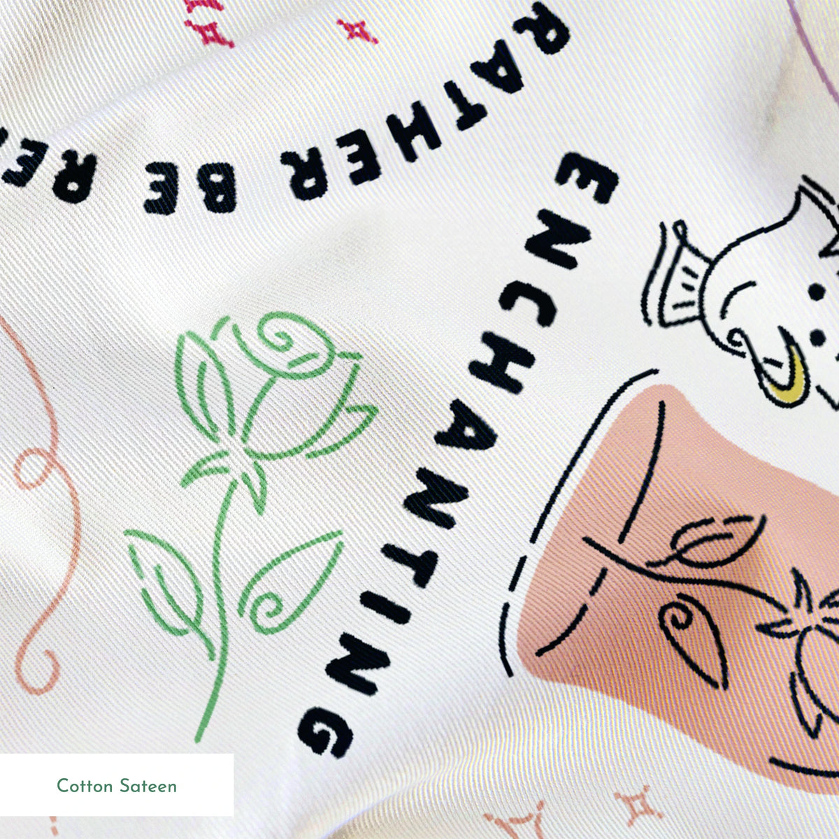Pattern of cartoon princess in yellow dress with roses, perfume bottles, and phrases like "Enchanting" and "I'd rather be dreaming springs sateen texture