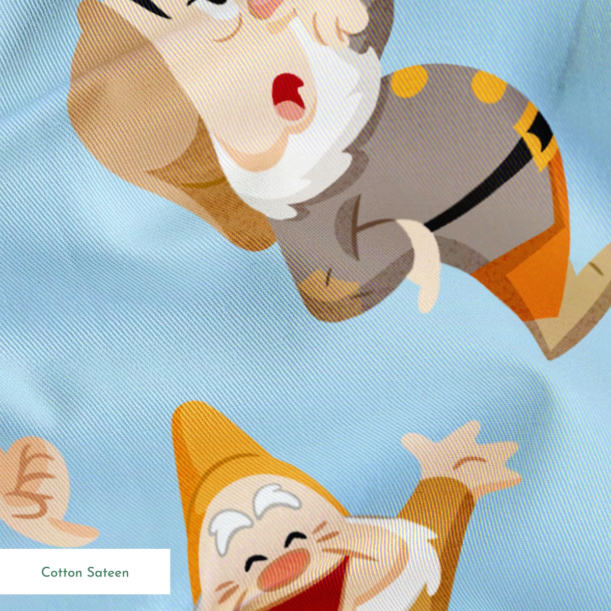 Pattern of cartoon dwarfs in colorful outfits on light blue background springs sateen texture