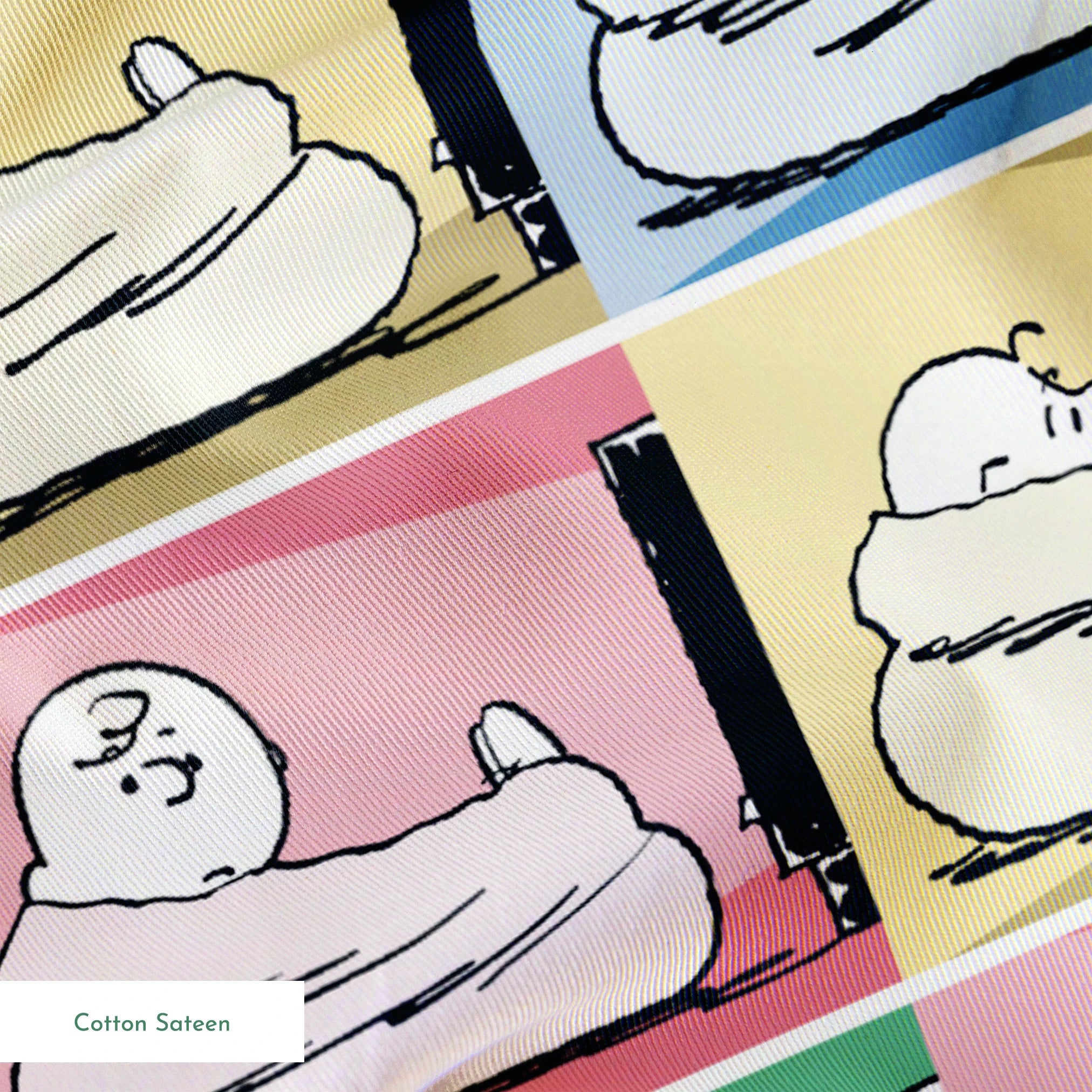 Charlie Brown resting on a white bed/nest in a grid of 12 colorful panels with pastel backgrounds. springs sateen texture