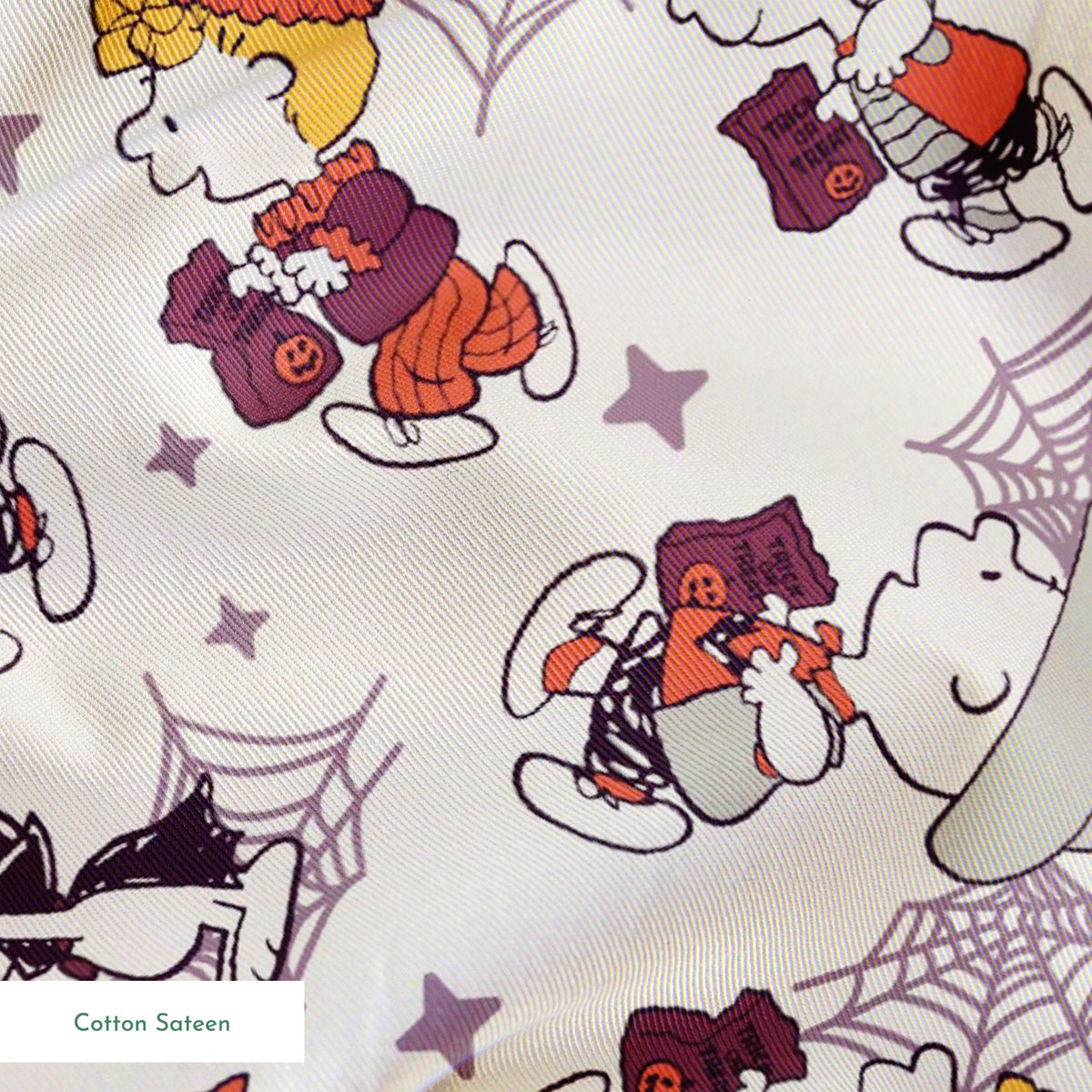 Peanuts characters in Halloween costumes including Snoopy, Charlie Brown, and friends on white background springs sateen texture