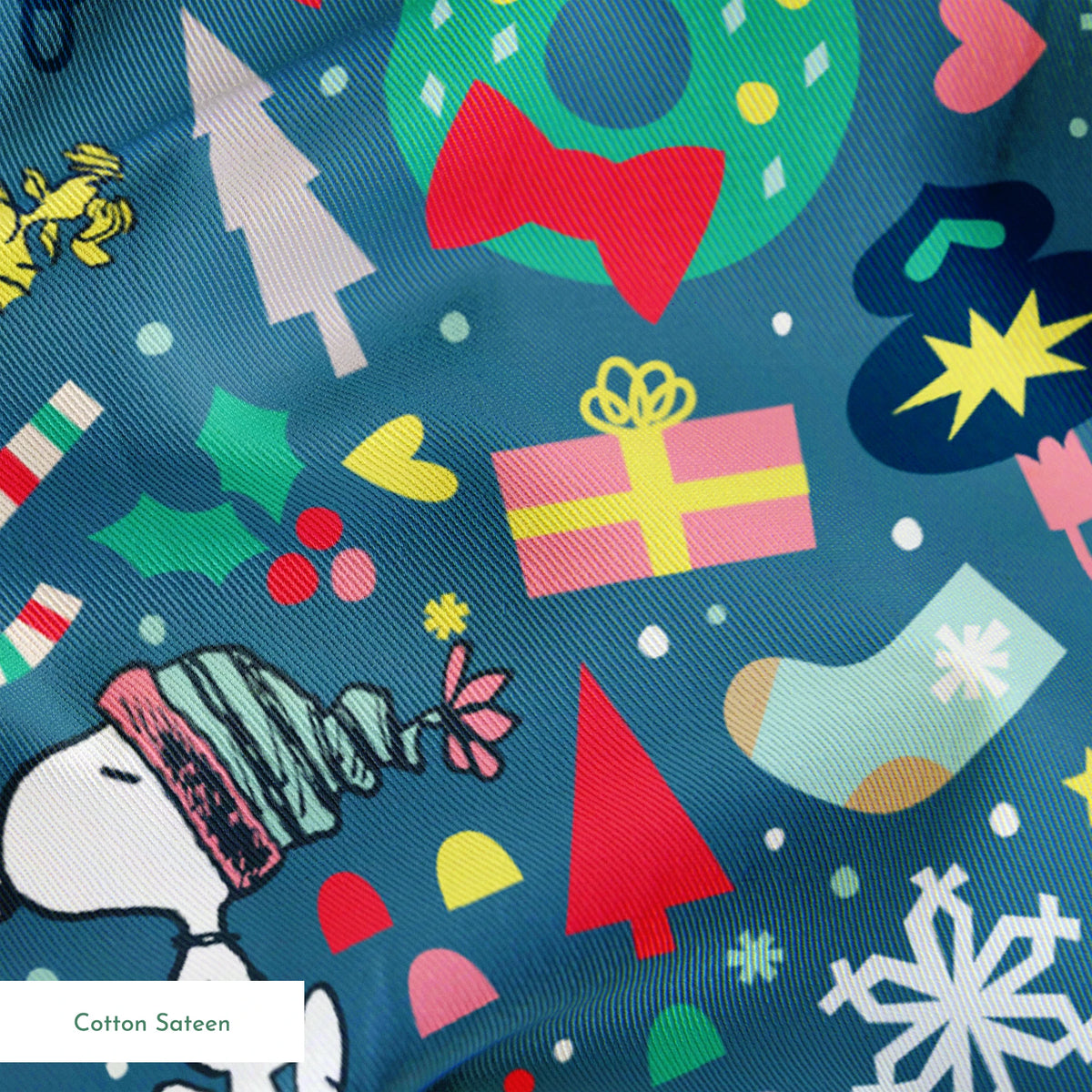 Colorful Peanuts Christmas pattern with festive icons, red mailboxes, presents, houses, and holiday symbols on teal background springs sateen texture