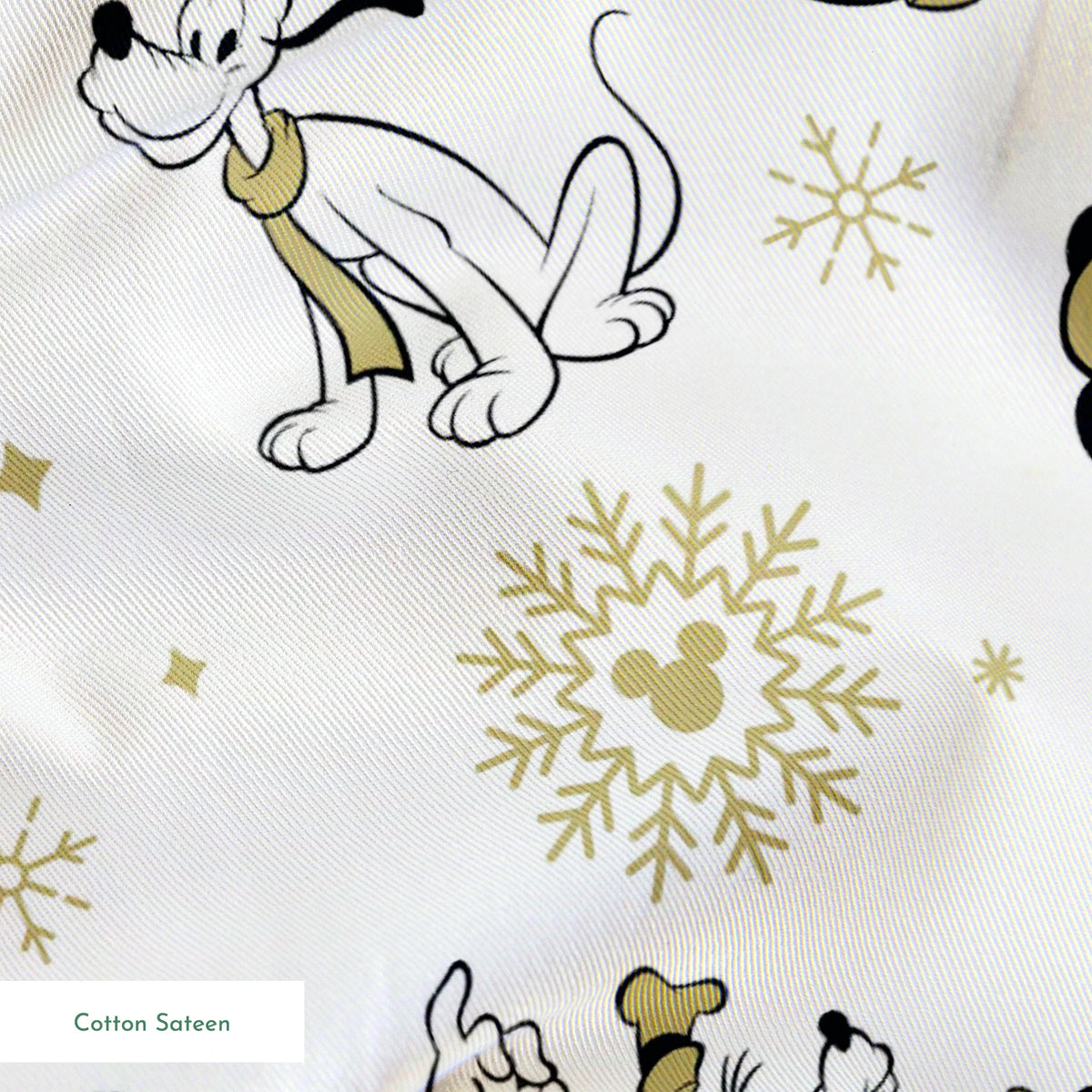 Vintage Disney characters pattern with Mickey, Minnie and Pluto on white background with gold snowflakes springs sateen texture