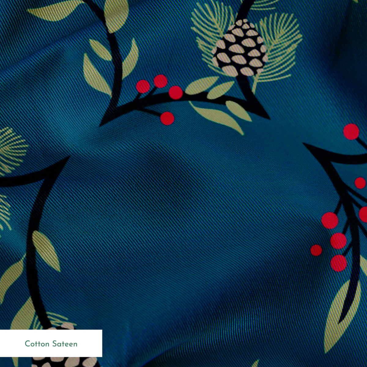 Holiday pattern with circular wreaths, white snowflakes, and botanical elements on teal background springs sateen texture