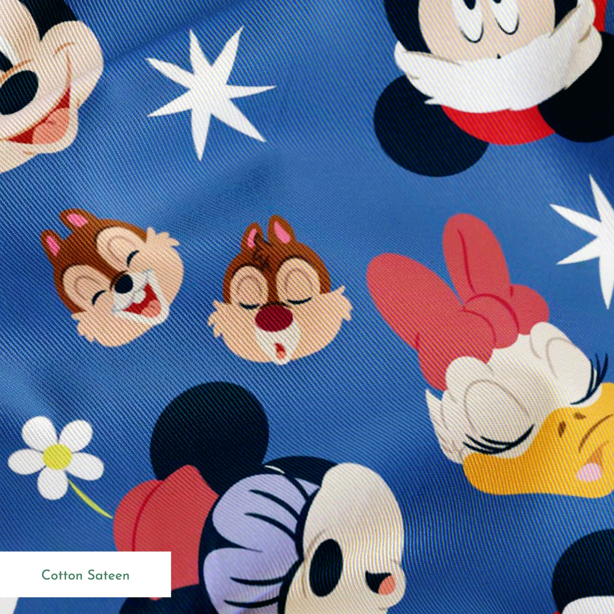 Mickey Mouse Christmas pattern with Santa hats, cupcakes and snowflakes on blue background springs sateen texture
