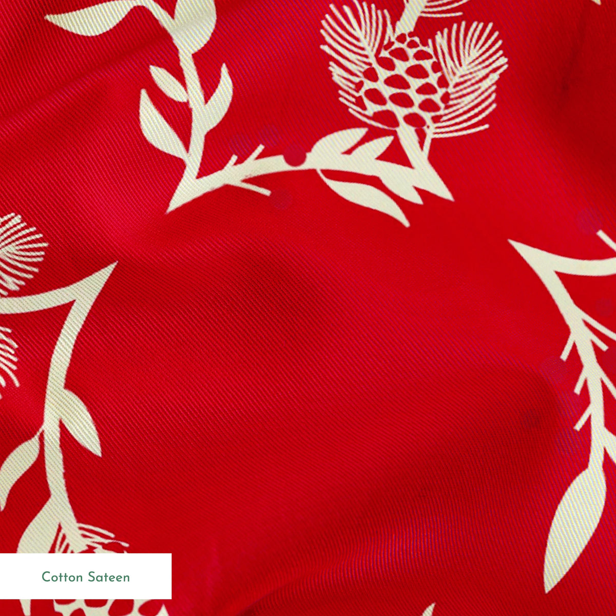 Festive red background with white floral wreaths, pine cones, and snowflake patterns springs sateen texture