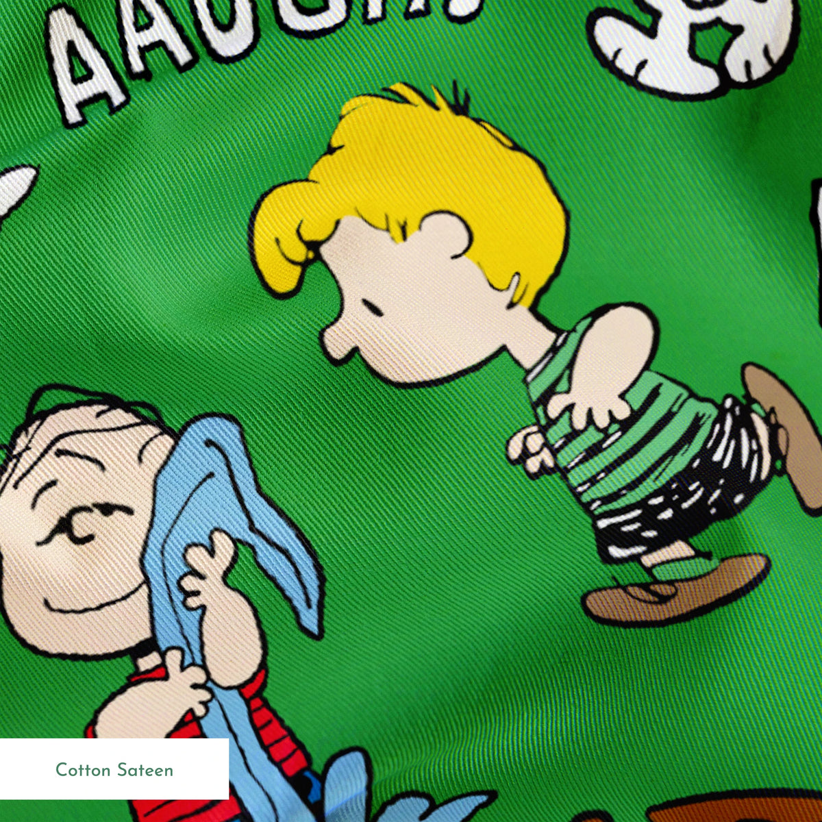 Peanuts comic characters on green background - Snoopy, Woodstock, and gang with speech bubbles like "AAUGH!" and "I CAN'T STAND IT! springs sateen texture