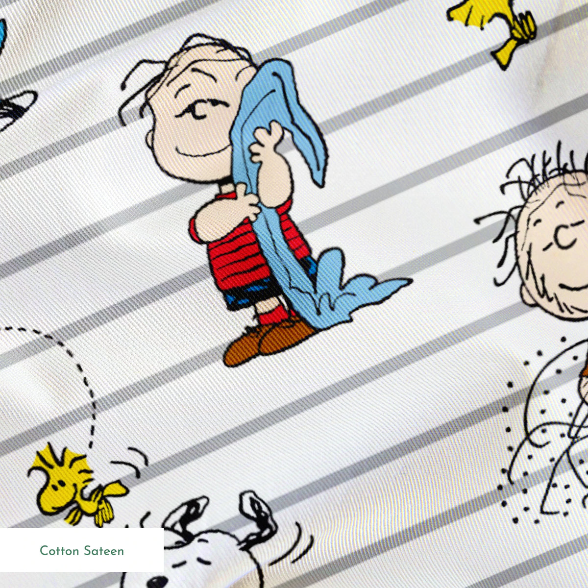 Peanuts cartoon characters on striped background, including Snoopy, Woodstock, and friends with their signature traits and poses. springs sateen texture