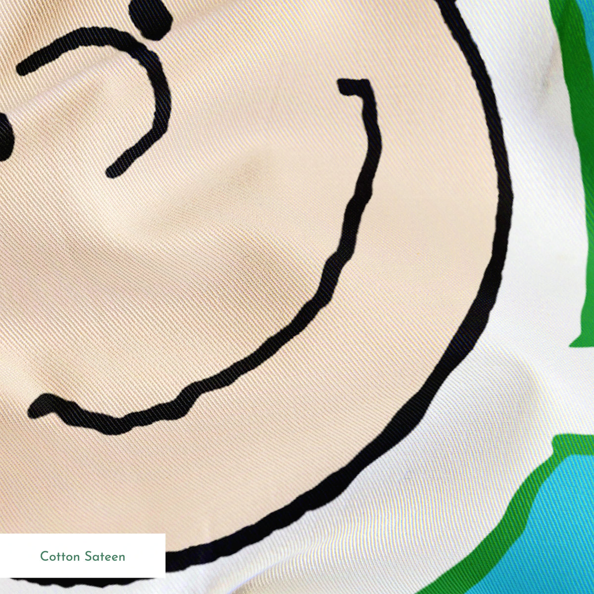 Peanuts characters pattern with Snoopy and other cartoon faces in circles on blue background springs sateen texture