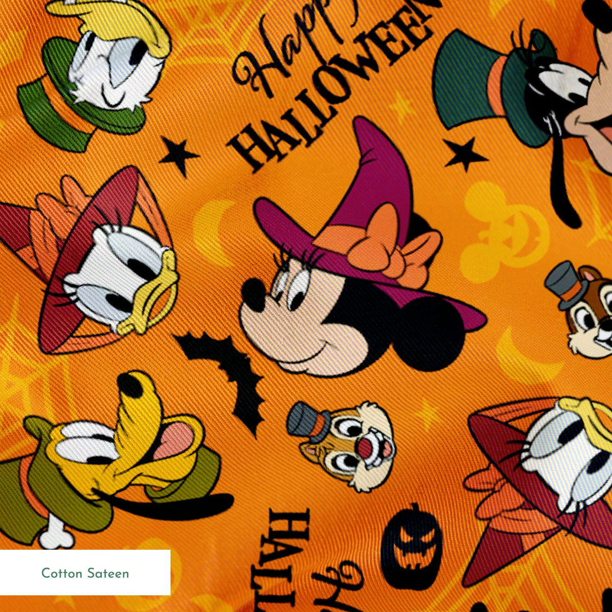 Disney characters in Halloween costumes on orange background with pumpkins and "Happy Halloween" text springs sateen texture